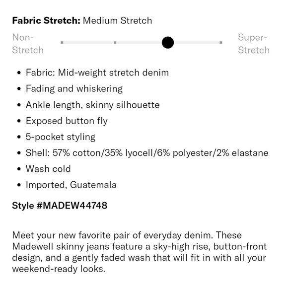 🦚NWT🦚Madewell 10'' High Rise Skinny Button Front Jeans - Picture 7 of 7